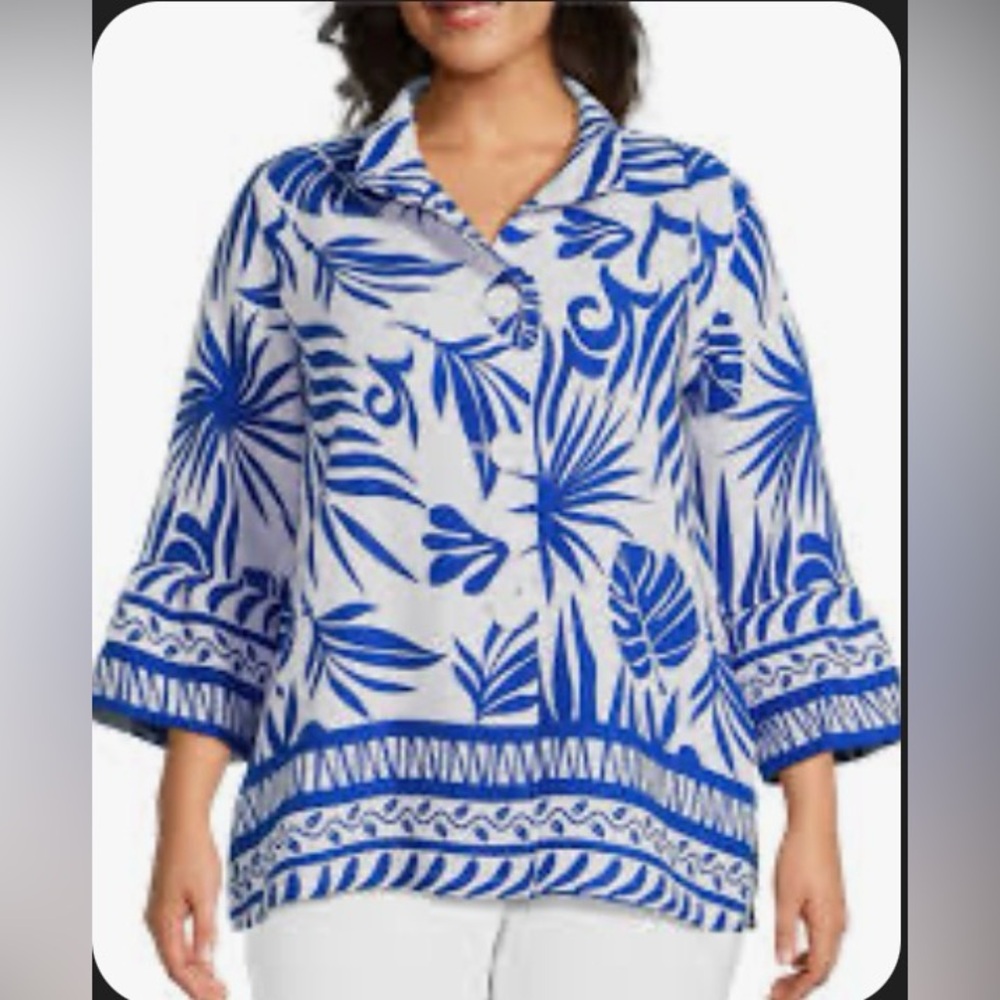 Multiples Plus Size Bark Cloth Border Print Button Front Tunic Top 3/4 Sleeve